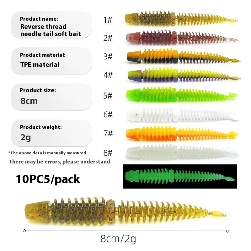 LUSHAZER| 10 PCS Reverse Thread Needle Tail Soft Bait